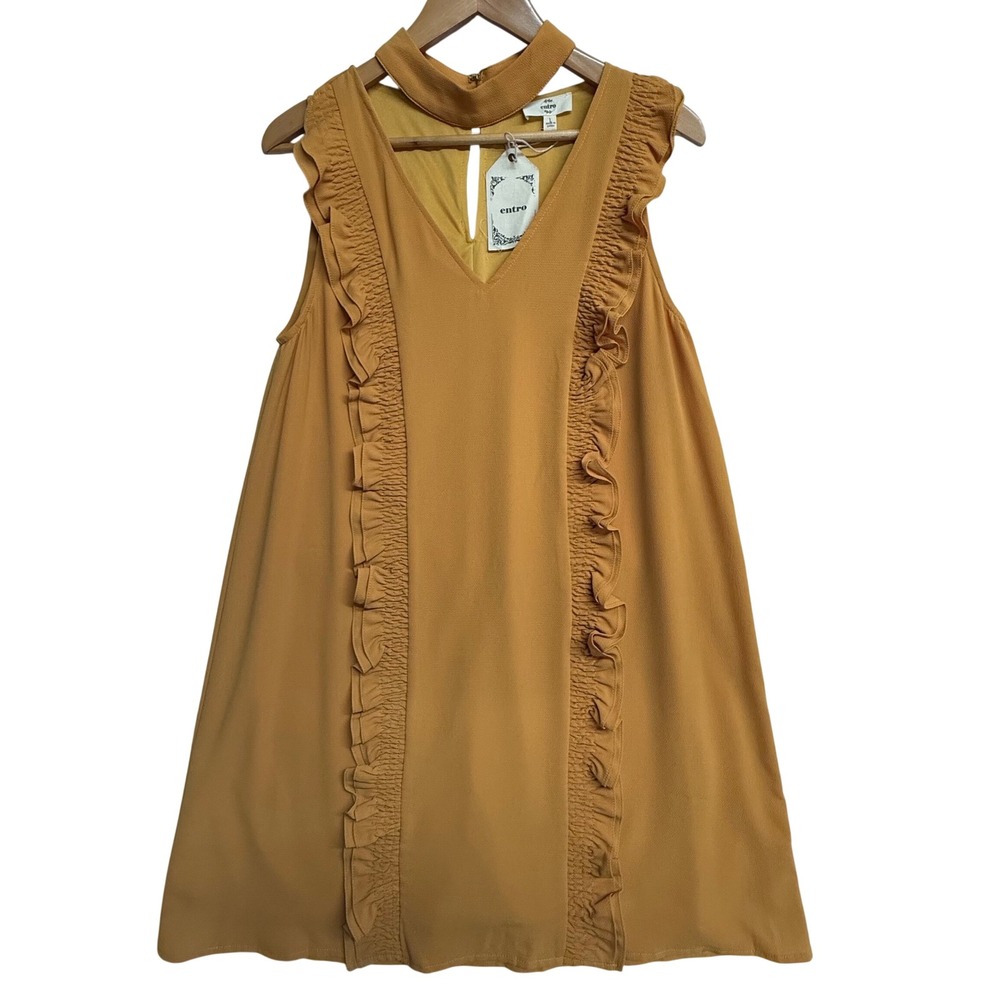 Entro Dress‎ Large Yellow Ruffle Mock Neck Sleeveless Shift Mini Lined NWT